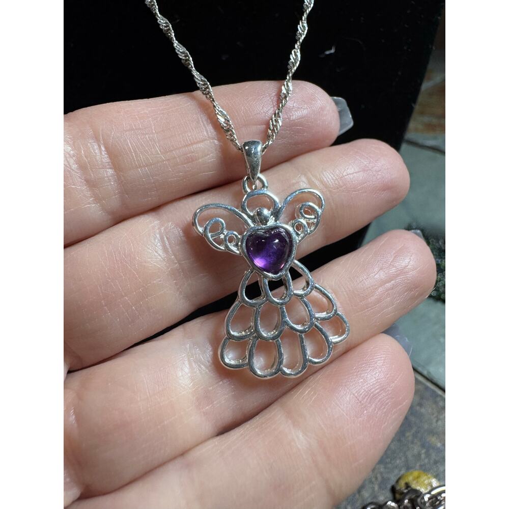 Silver Tone Angel Necklace with Purple Heart Crystal Pendant